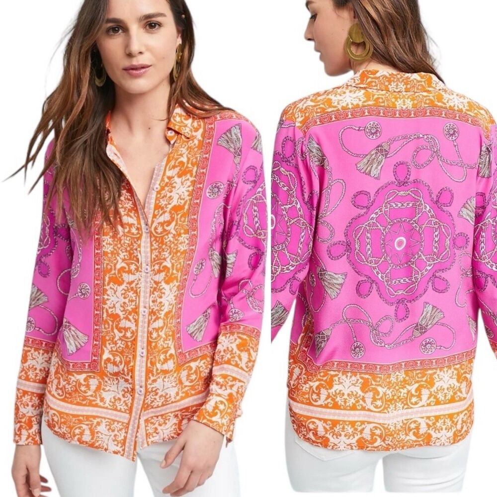 Anthropologie Maeve Silk Blouse Size 0 Potala Buttondown Ornate Tassel Print Lux